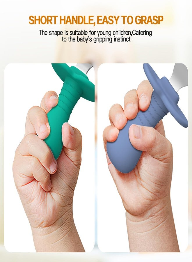 SFCCMM 2 Pcs Baby Spoons Toddler Spoons for Self Feeding, Kids Spoons with Silicone Round Handle, Stainless Steel Toddler Utensils Children Safe Silverware Set, Anti-Choke Design, BPA Free - Green Blue - Image 4